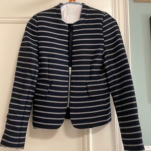 Navy and grey striped blazer with zipper details